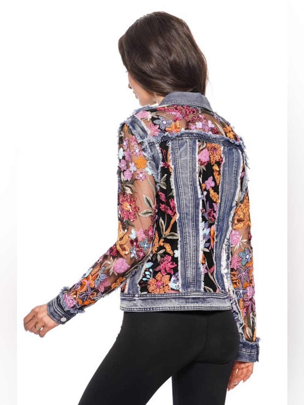 Denim Jacket with Sequence Floral Embroidered Sheer Sleeves